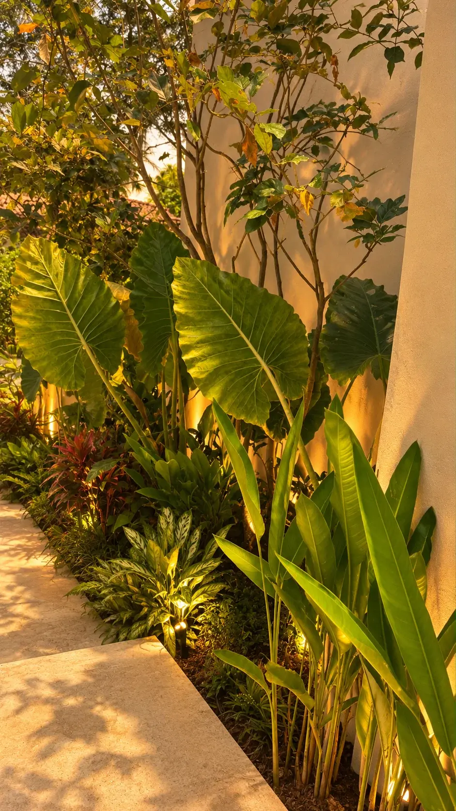 Tropical garden foliage lit at dusk along a villa's exterior wall