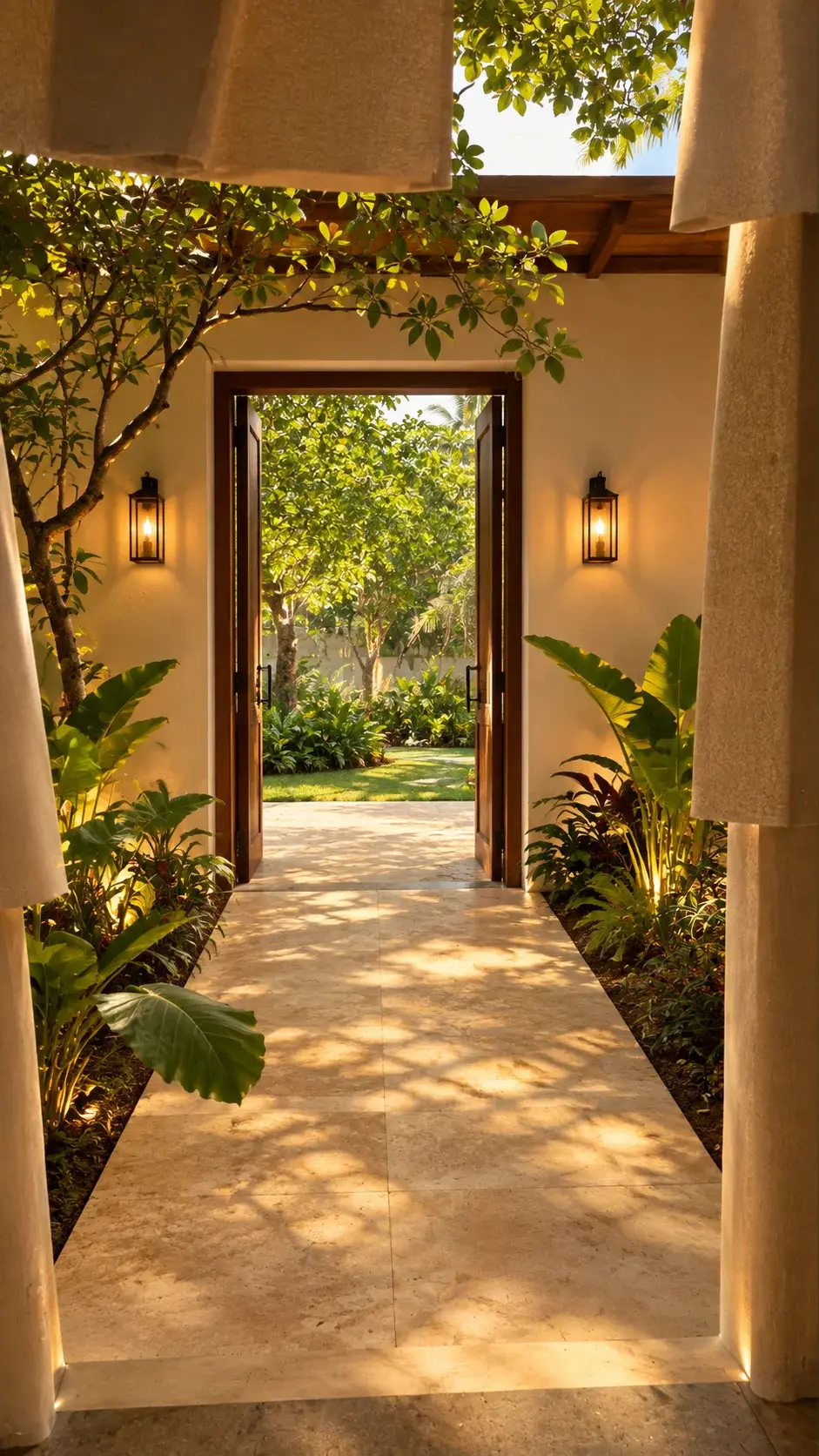 Lantern-lit garden path leading to an open villa room entrance