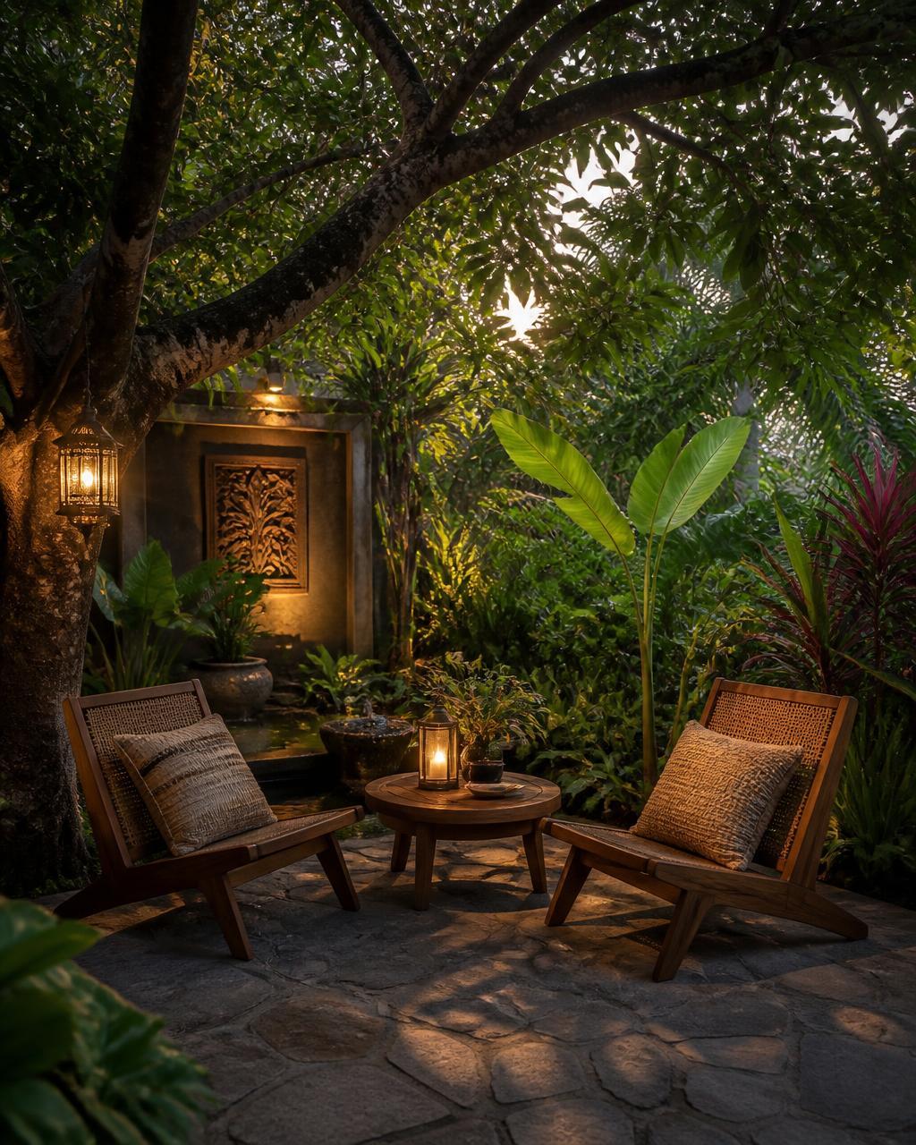 Two teak chairs in a lantern-lit garden sitting nook