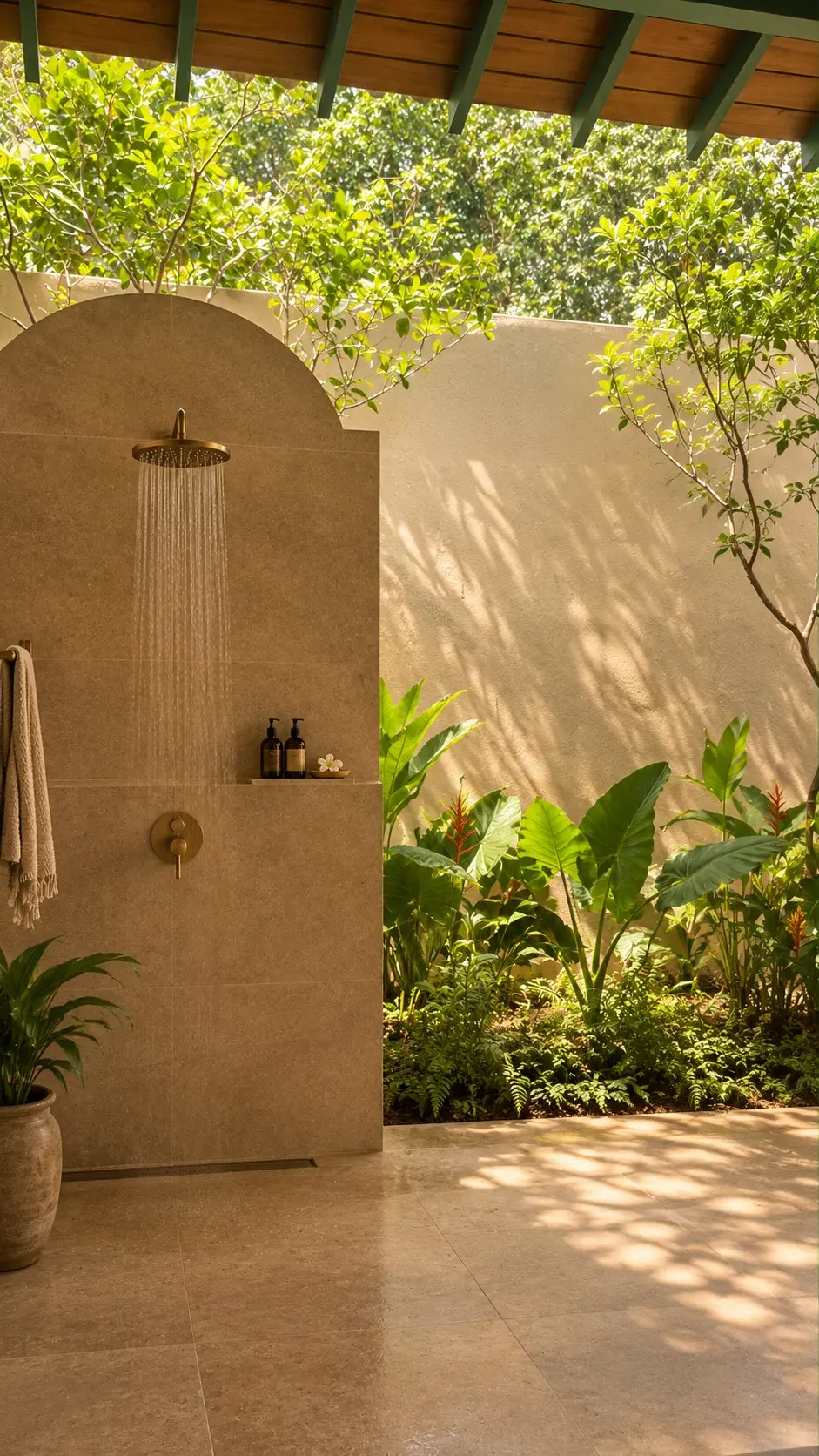 Villa One's open-air stone shower framed by an arched niche and tropical planting