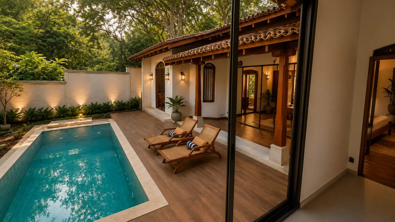 Villa Three's private pool deck and open-plan veranda at dusk