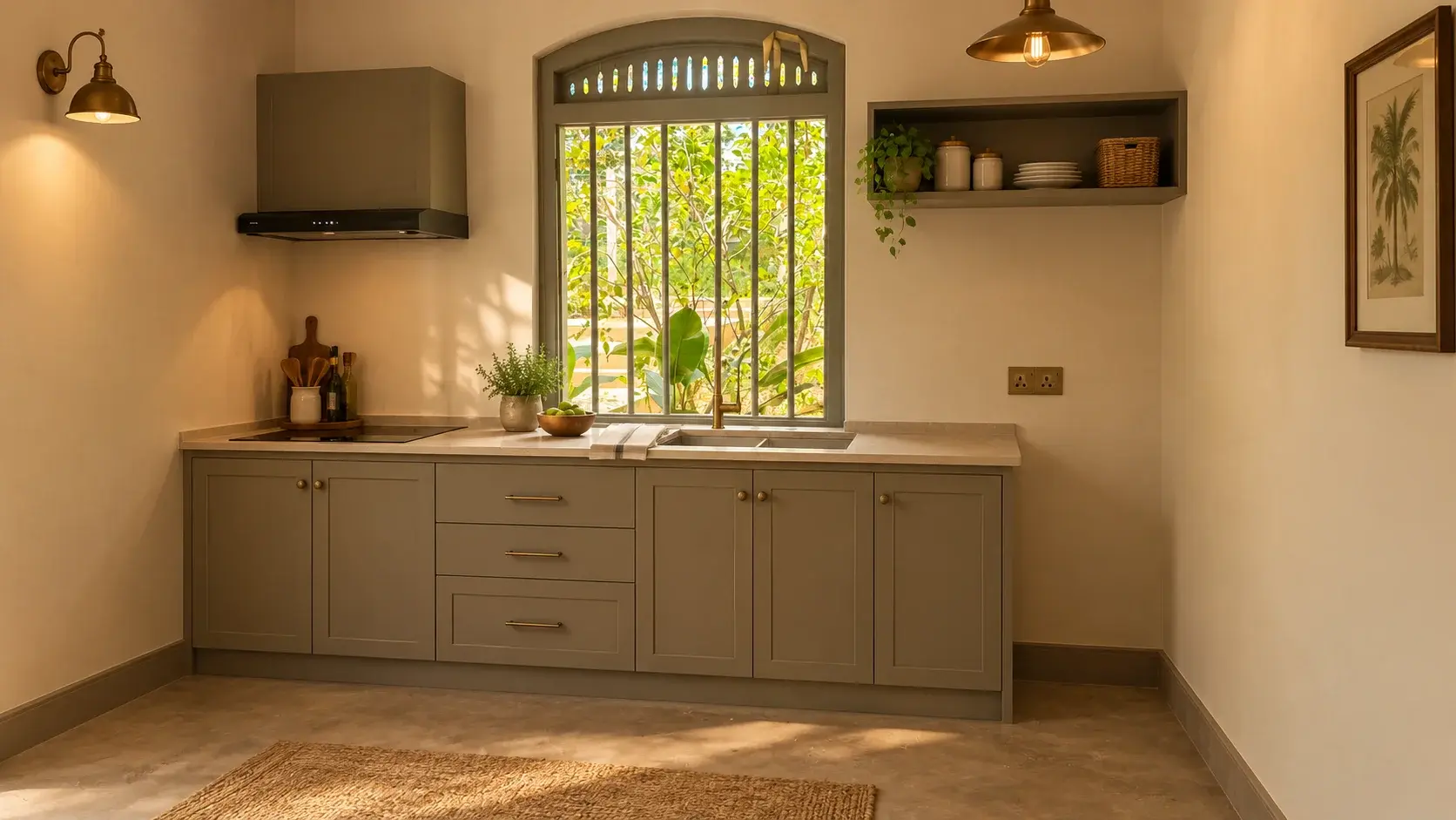 Villa One's kitchenette with sage-green cabinetry, brass fittings, and a garden-view window
