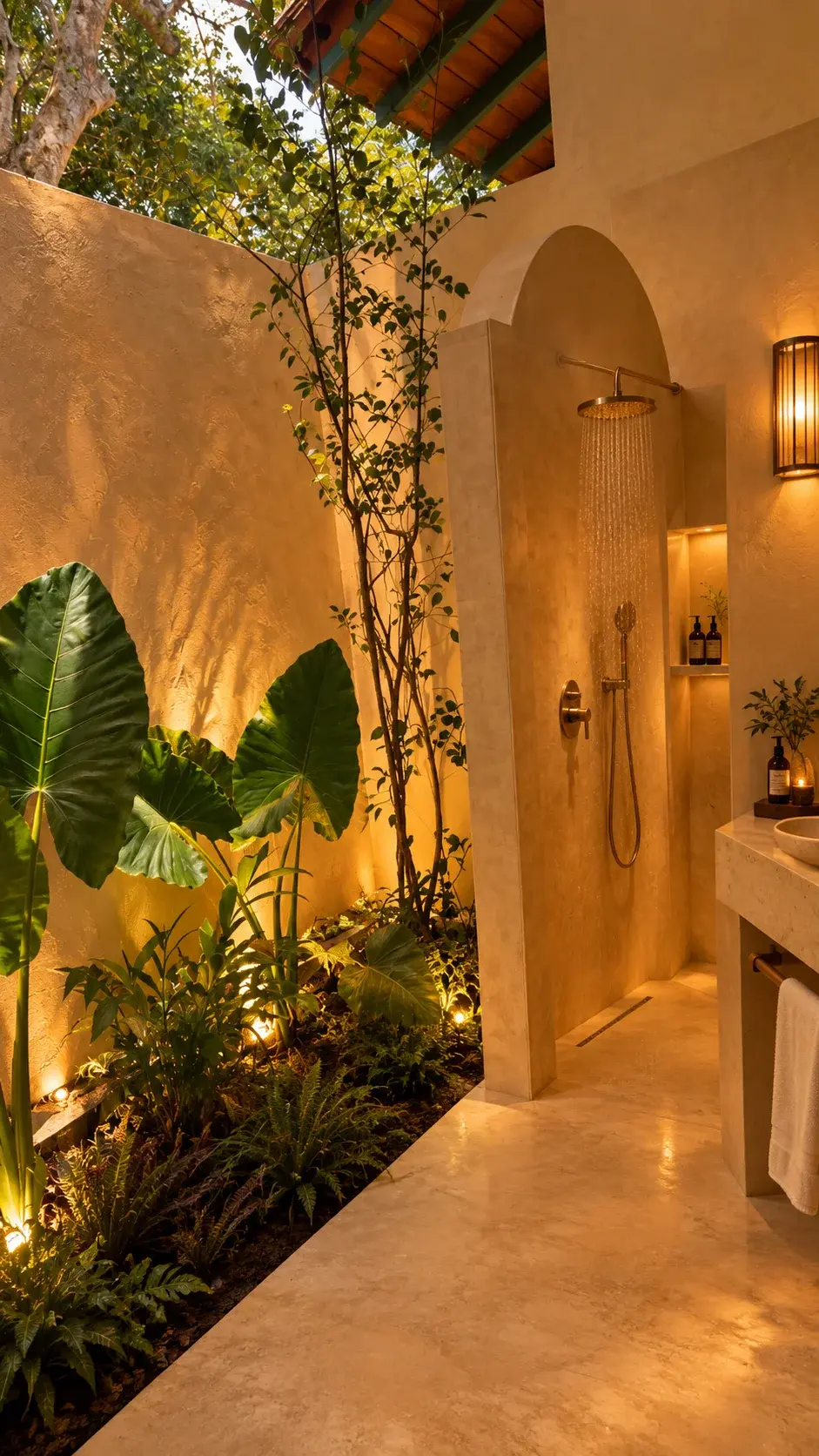 Villa Two's open-air stone shower alcove lit at dusk, alongside a marble vanity