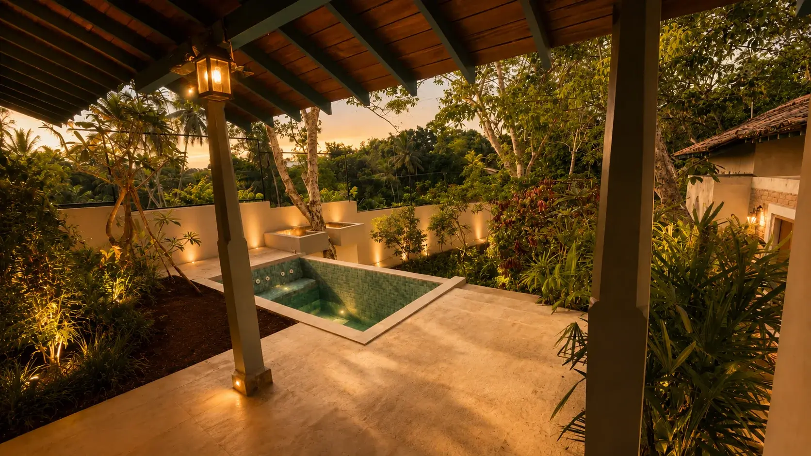 Villa One's plunge pool and covered pergola at dusk