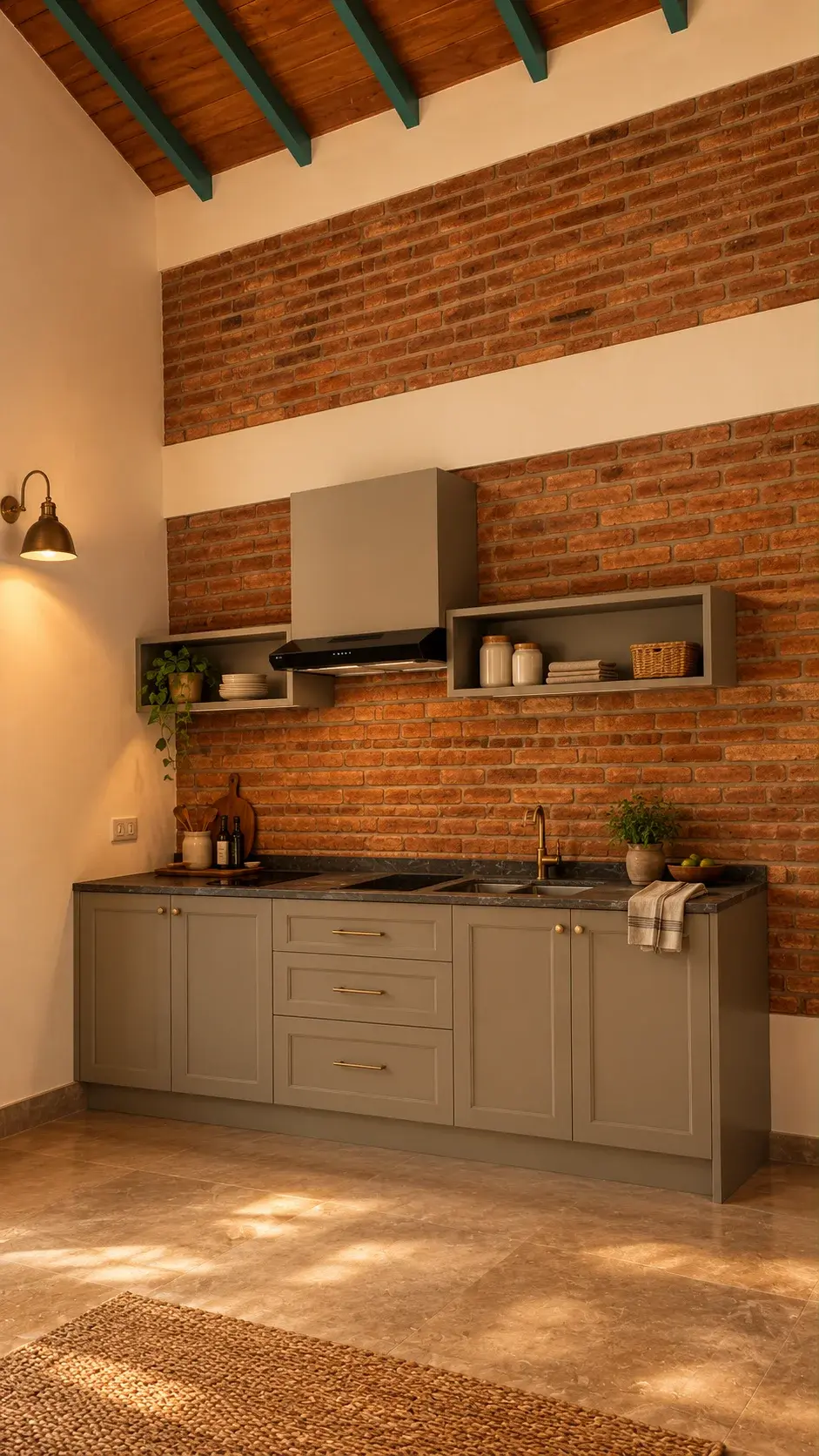 Villa Three's open kitchen with an exposed brick wall and timber-beamed ceiling