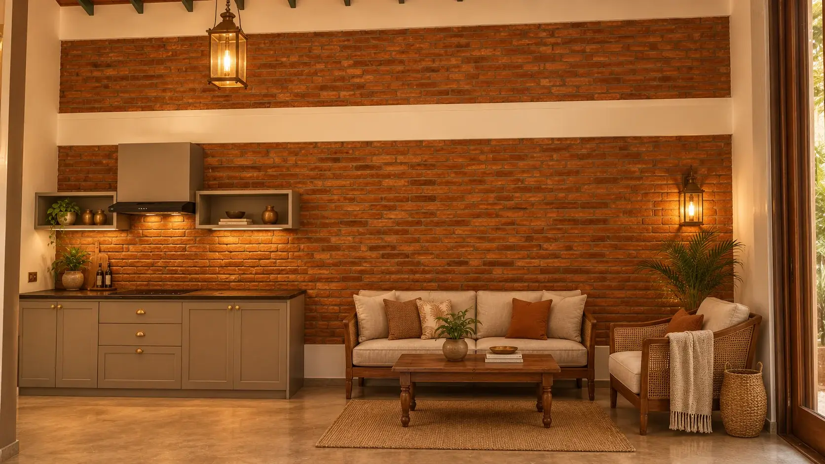Villa Two's open-plan living and kitchen area with an exposed brick wall and cane armchair