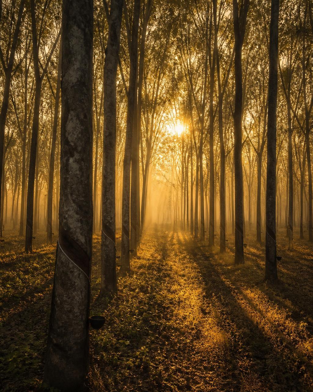 Golden morning light streaming through the trunks of a rubber plantation