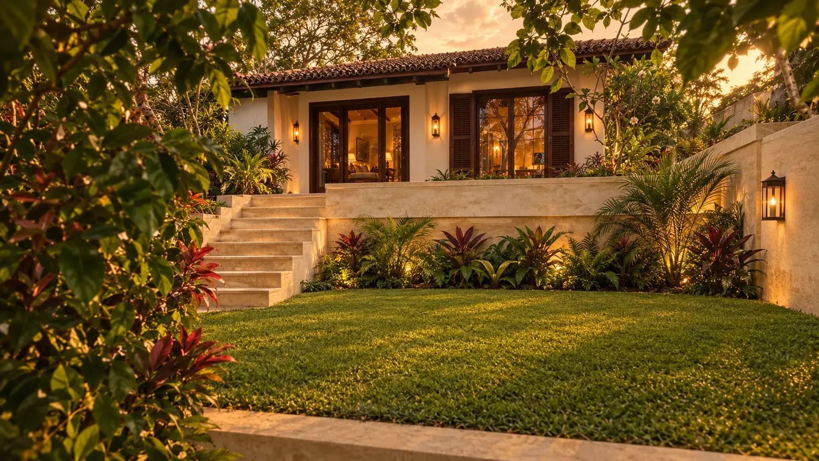 Villa One's exterior viewed through the surrounding garden at dusk